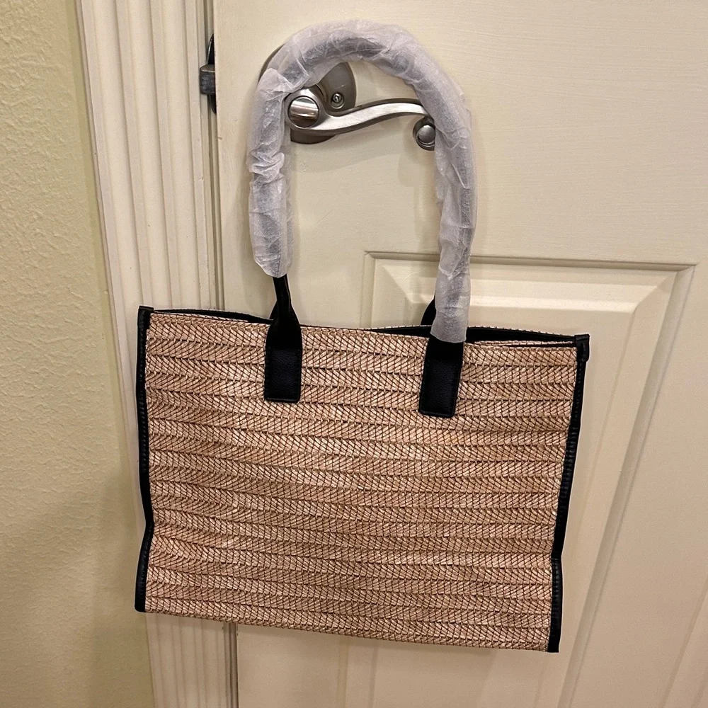 Walter Baker Delaney Woven Tote Bag Tan Black Raffia Leather Trim Boho Resort
